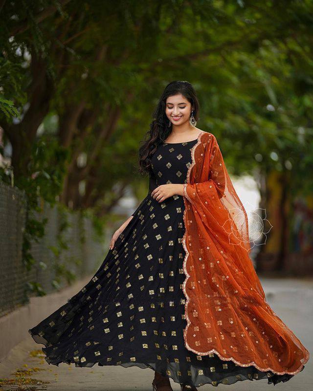 Gown - Black And Orange Duppata