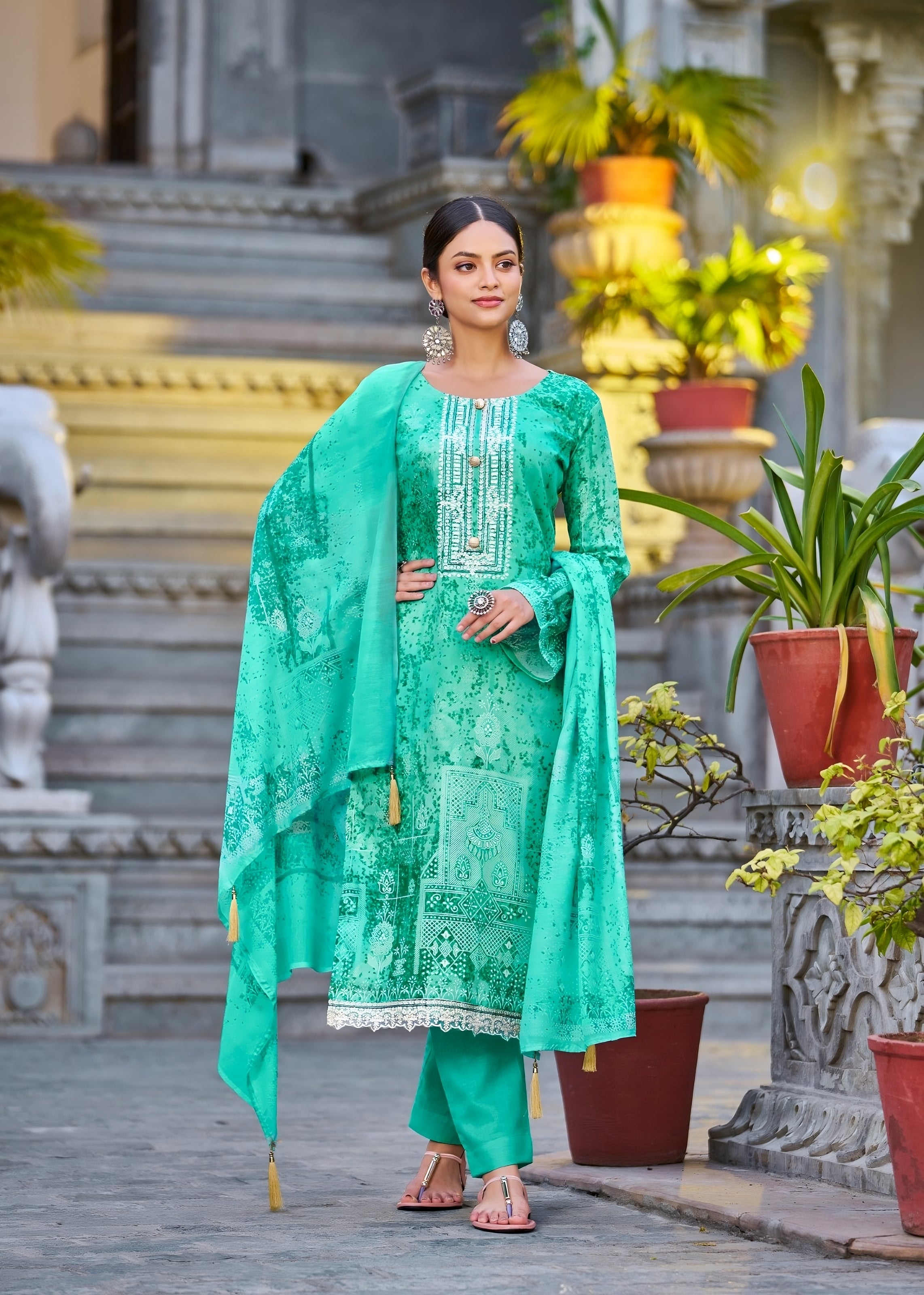 Cotton Satin 3 piece unstitched set - Green