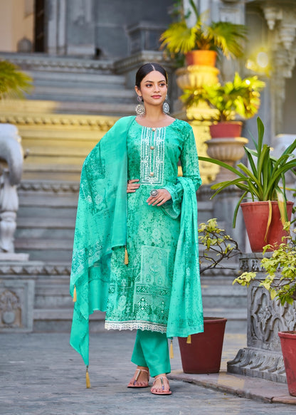 Cotton Satin 3 piece unstitched set - Green