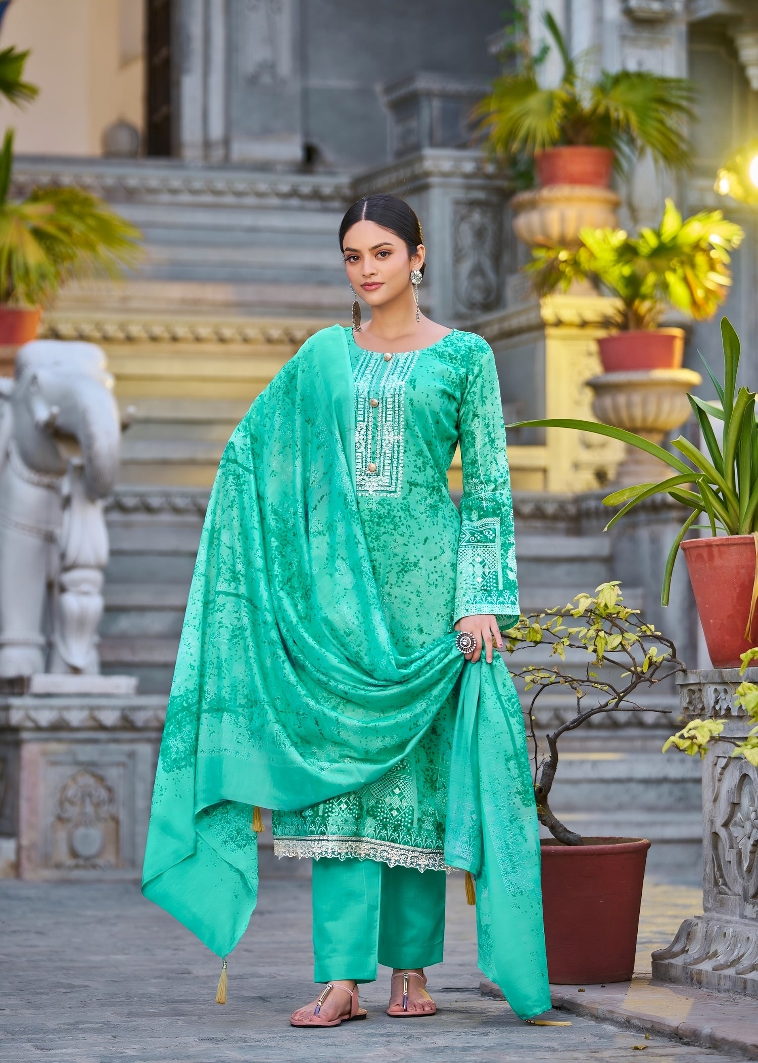 Cotton Satin 3 piece unstitched set - Green