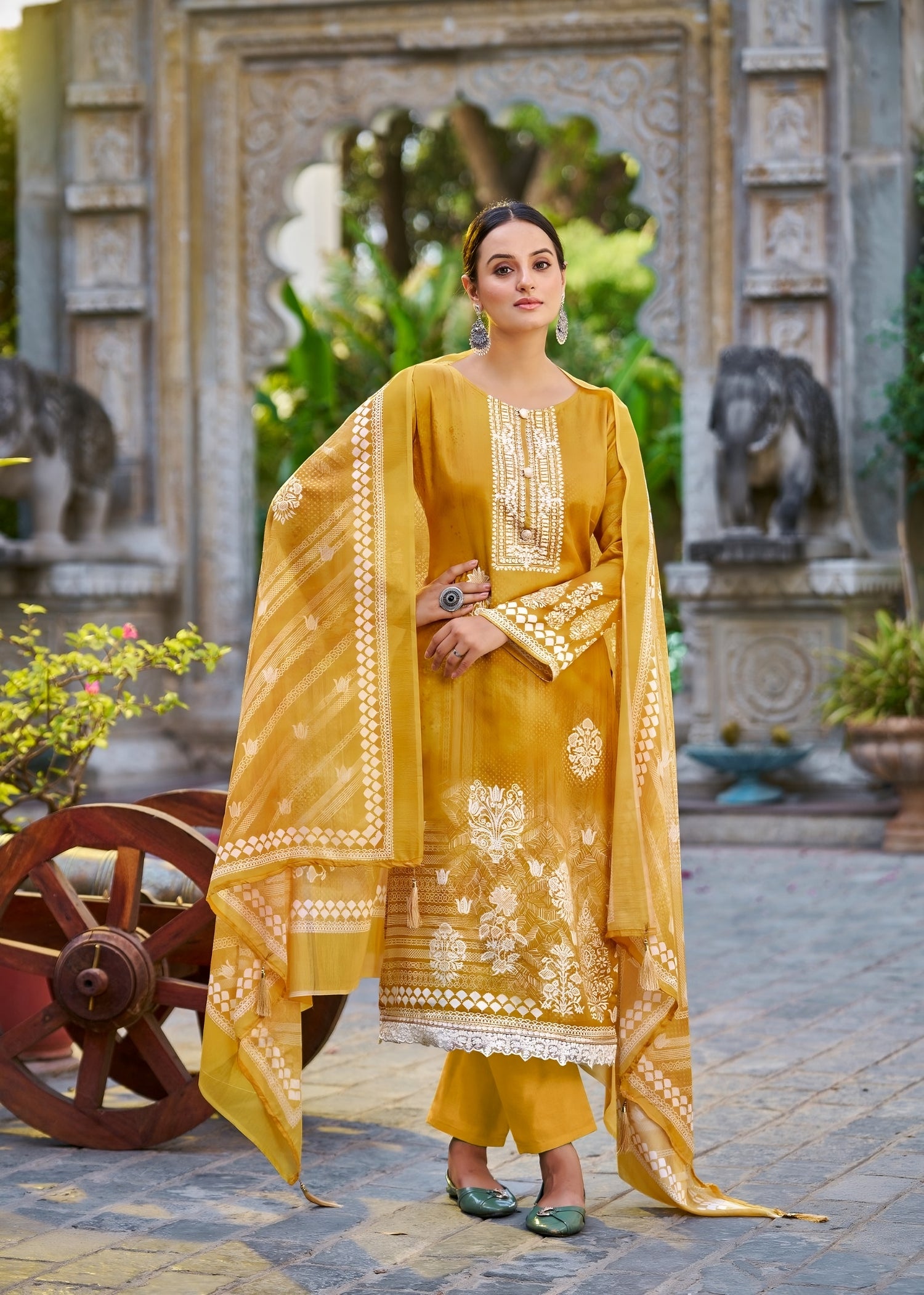 Cotton Satin 3 piece unstitched set - Mustard