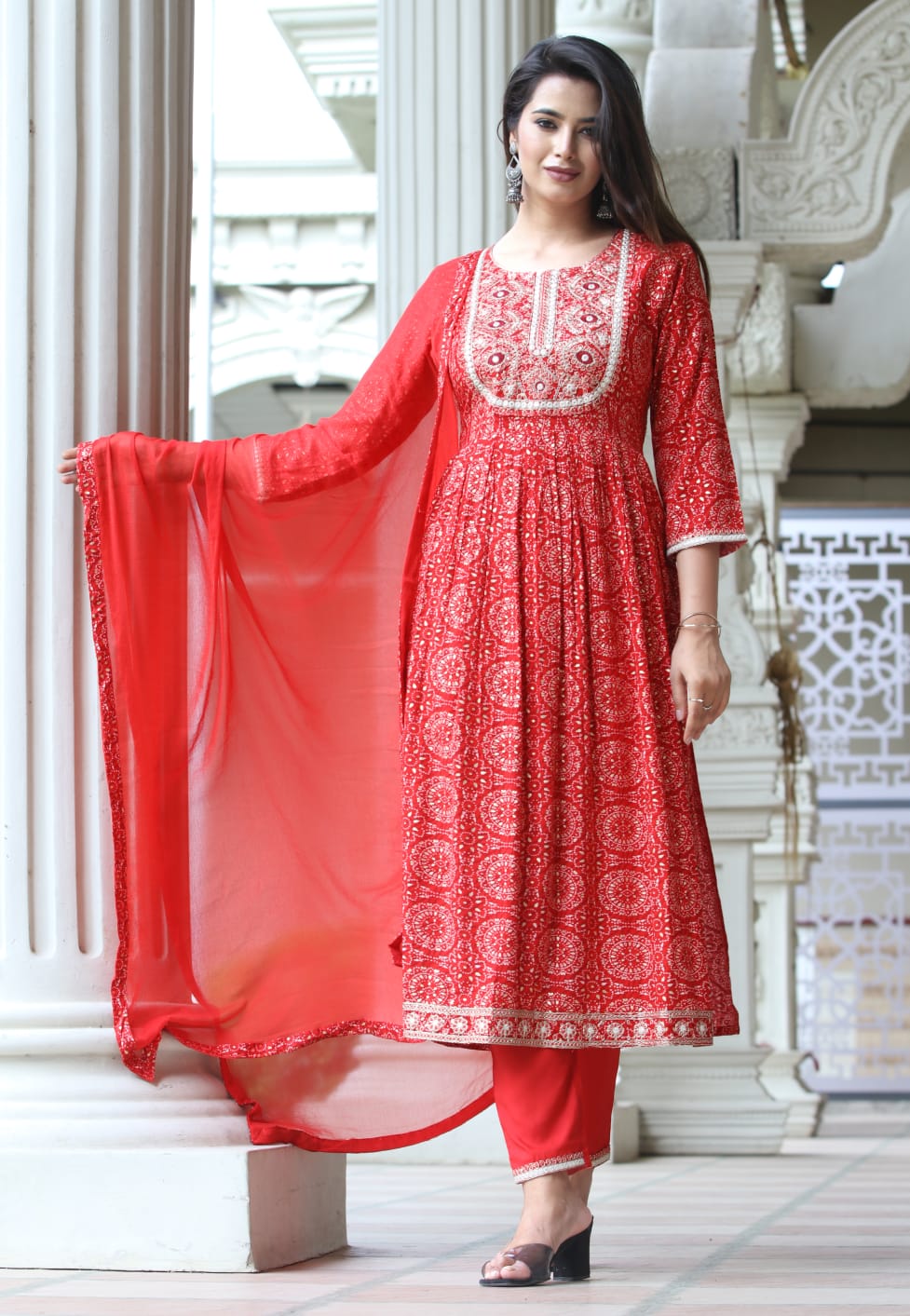 Nyra-Cut Rayon kurti palazzo set with dupatta - Red