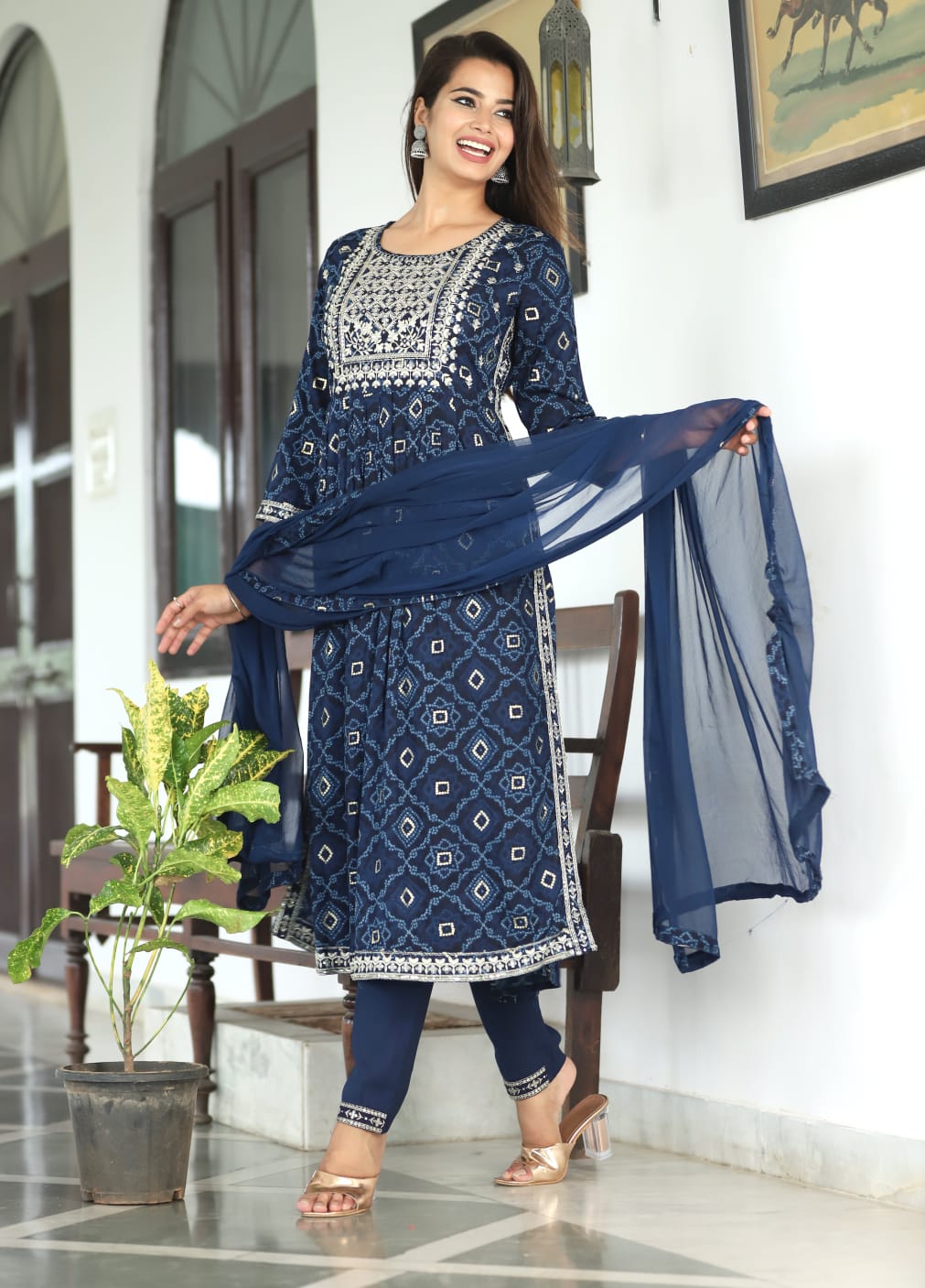 Nyra-Cut Rayon kurti palazzo set with dupatta - Deep Blue