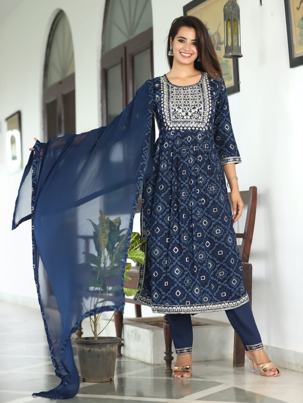 Nyra-Cut Rayon kurti palazzo set with dupatta - Deep Blue