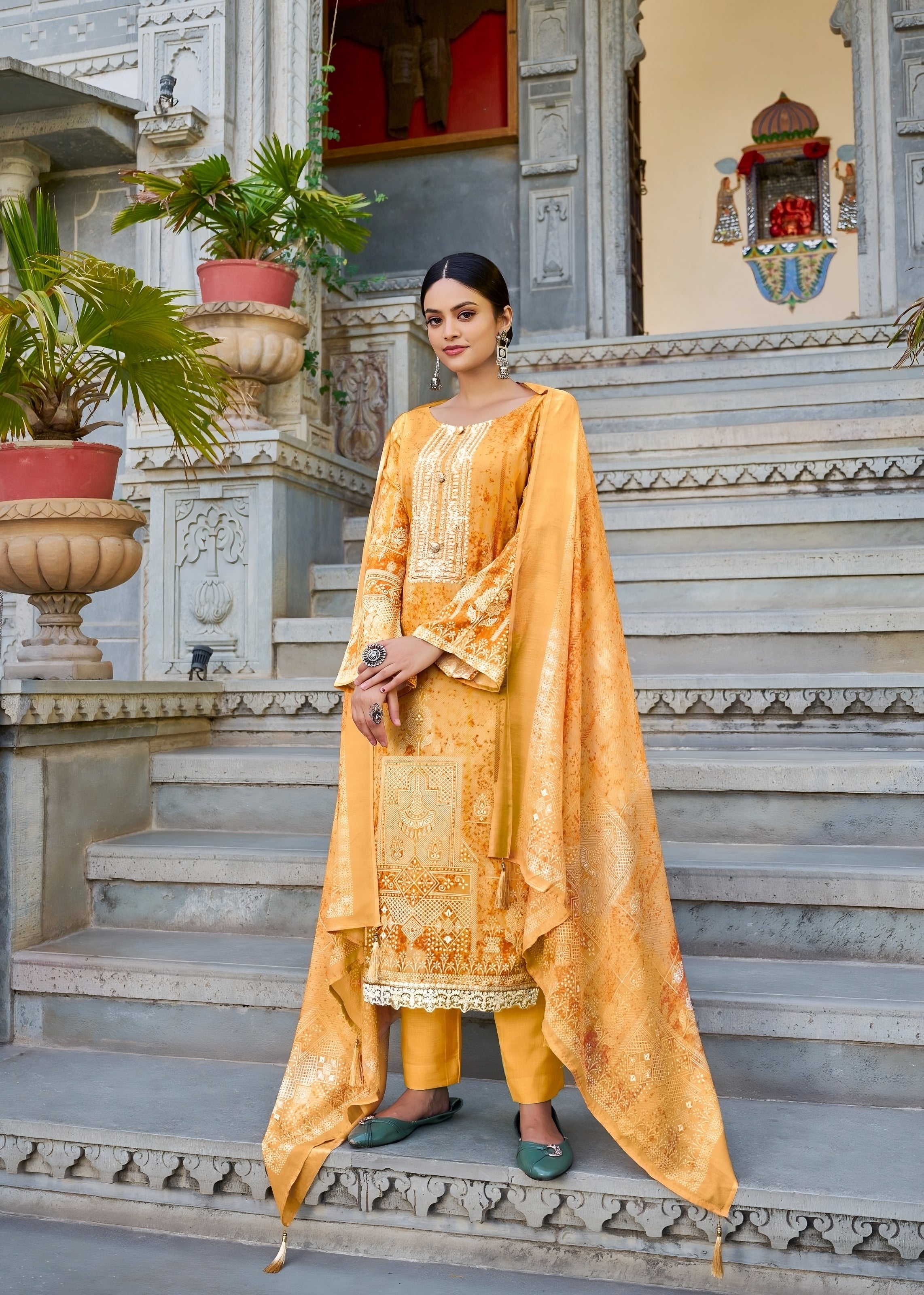 Cotton Satin 3 piece unstitched set - Yellow